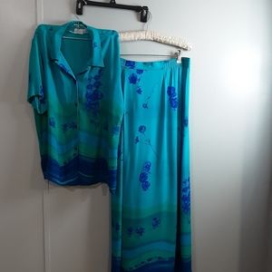 Koret #378 Women's Set Long Skirt And Blouse Sz M Sky Blue Floral Preowned
